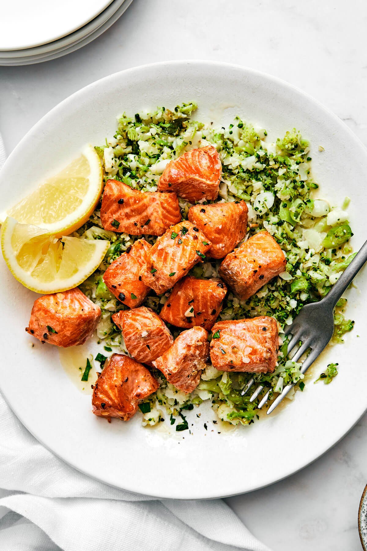 Air fryer salmon bites with broccoli rice