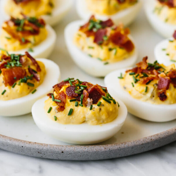 A plate of bacon deviled eggs.