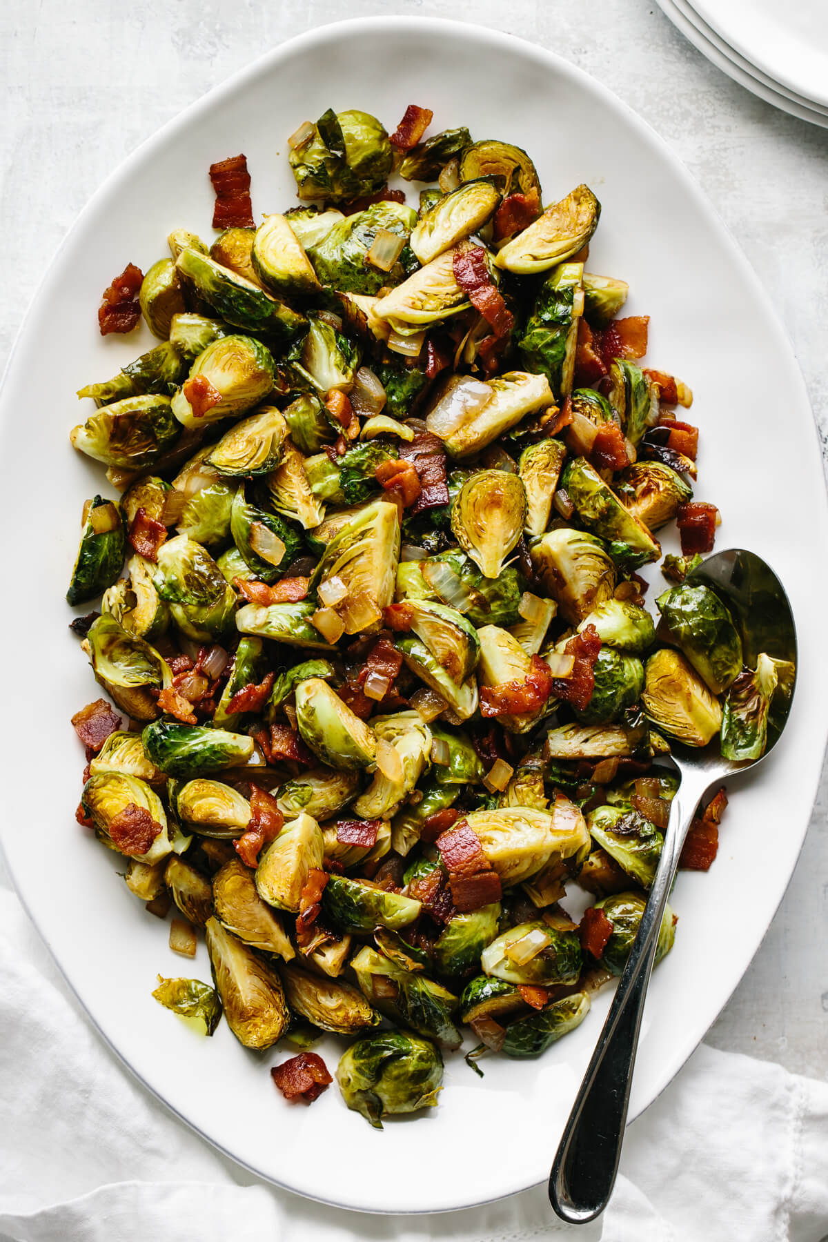 Balsamic bacon brussels sprouts on a serving platter.