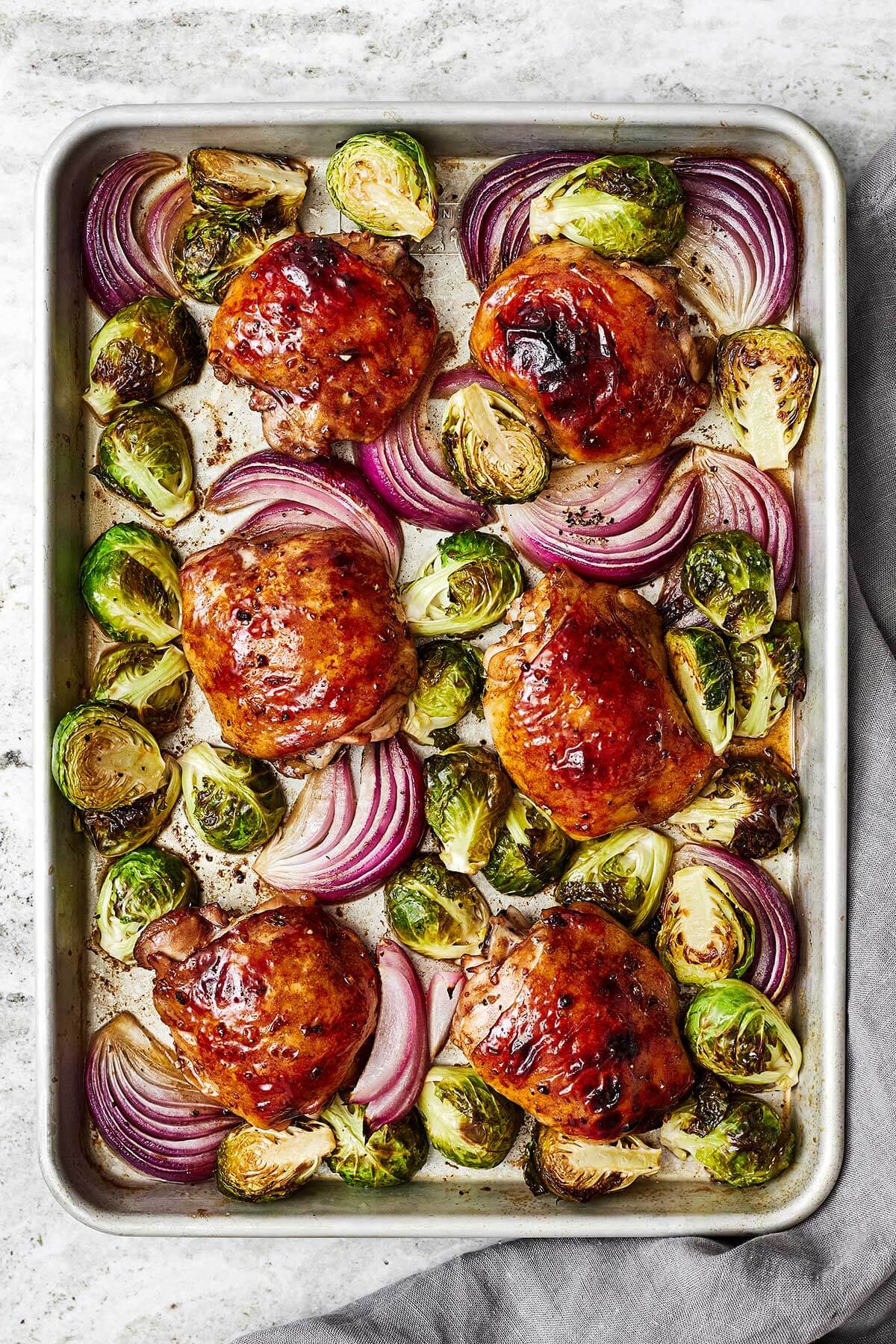 Balsamic chicken and Brussels sprouts on a sheet pan