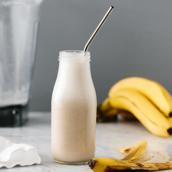(dairy-free) Banana milk is a delicious nut-free, dairy-free milk alternative. With only two-ingredients it's quick and easy to whip up at home.