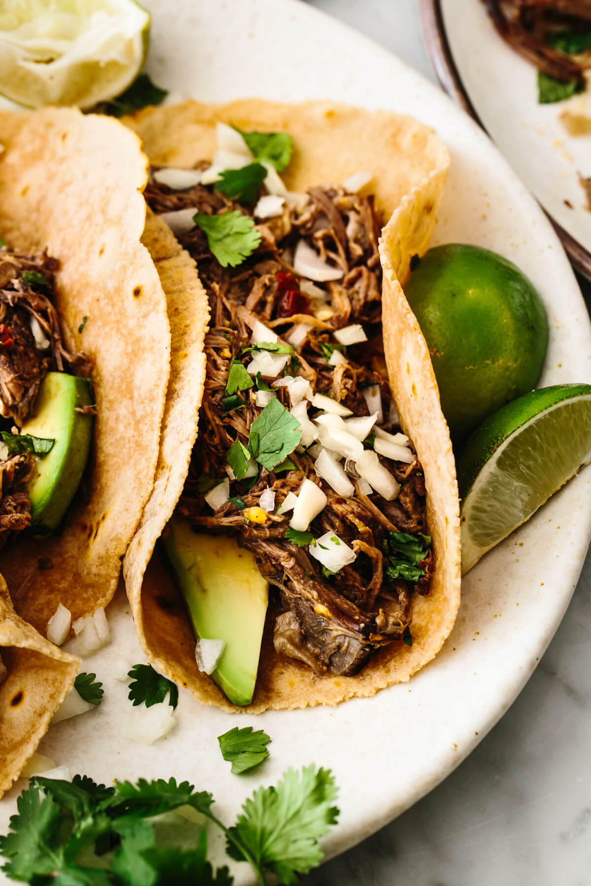 A plate with beef barbacoa tacos.