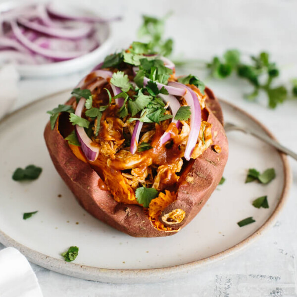 BBQ chicken stuffed sweet potatoes are a healthy, easy, gluten-free, paleo and Whole30 meal.