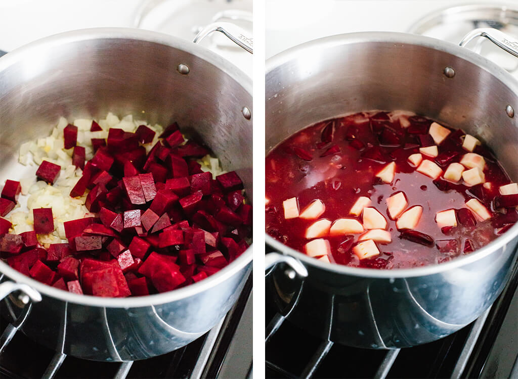 Diced beets, onions, parsnip and other ingredients to make beet soup in a pot.