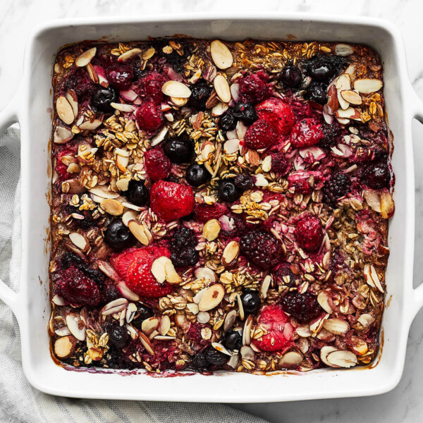 A baking dish with berry baked oatmeal