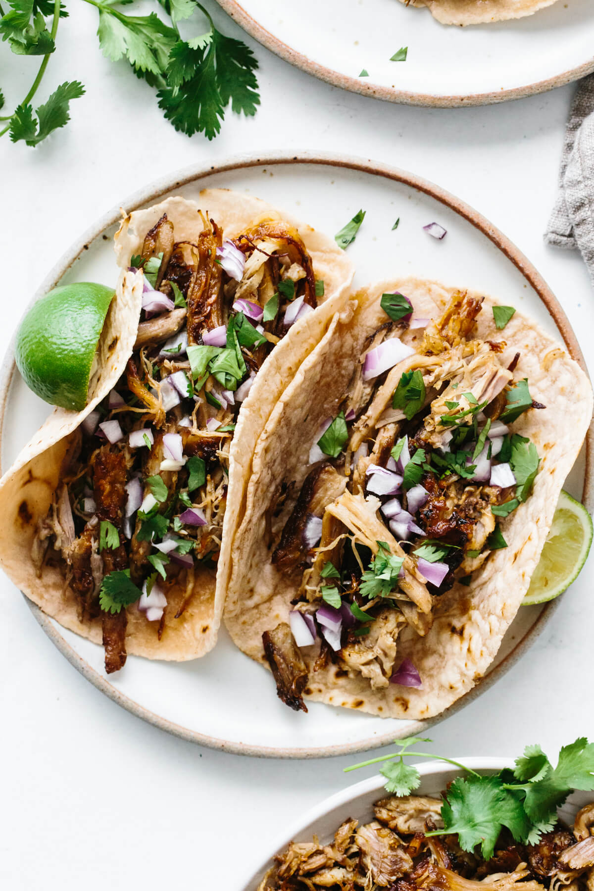 Carnitas tacos on a plate.