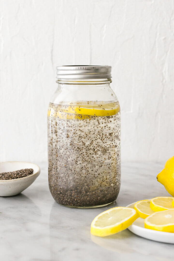 A mason jar of chia seed water