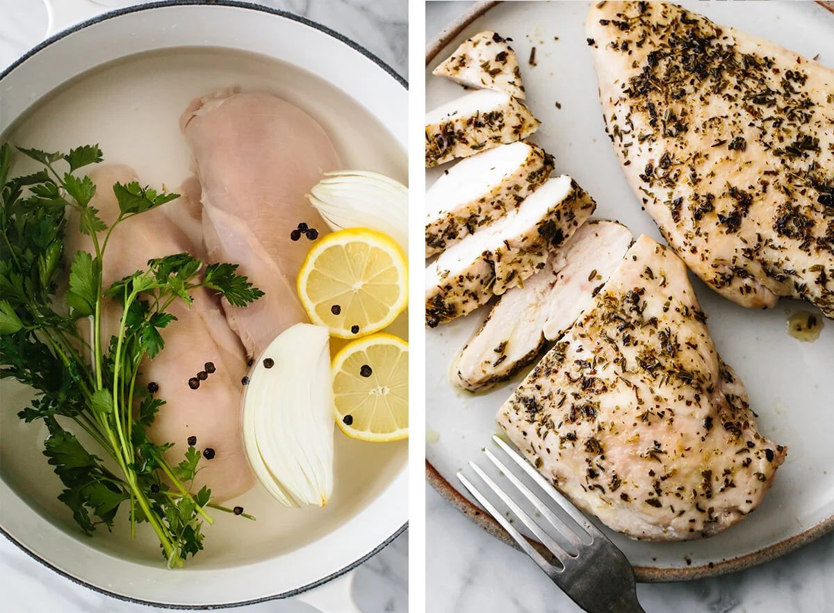 Chicken breast recipes including poached and baked chicken.
