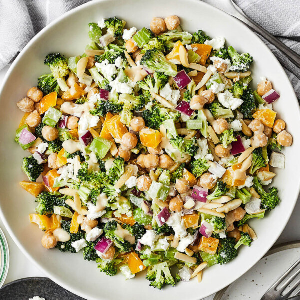 A bowl of broccoli and chickpea salad