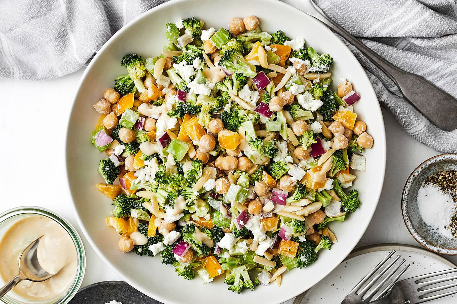 A bowl of broccoli and chickpea salad