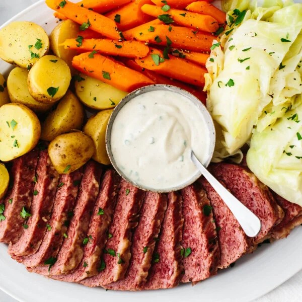 Corned beef and cabbage on a large platter