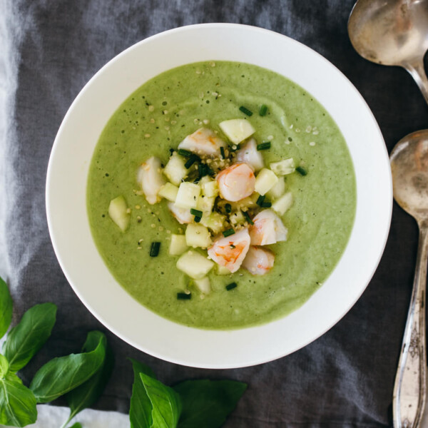 (gluten-free, paleo) Cucumber melon gazpacho with ginger shrimp. A cooling and delicious gazpacho, perfect for summer!