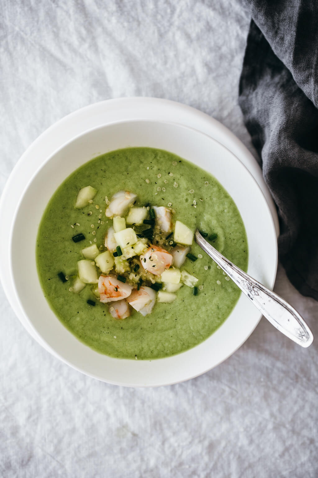 (gluten-free, paleo) Cucumber melon gazpacho with ginger shrimp. A cooling and delicious gazpacho, perfect for summer!