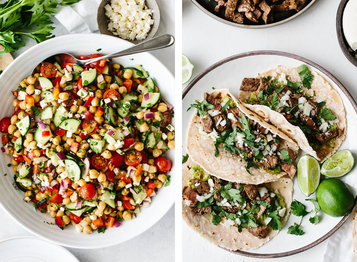 Chickpea salad and carne asada tacos for easy dinner ideas.