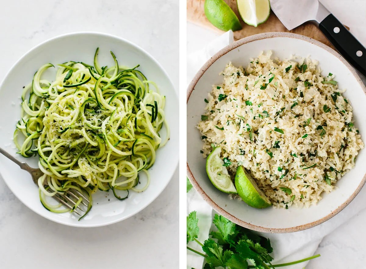 Zucchini noodles and cauliflower rice for easy dinner ideas.