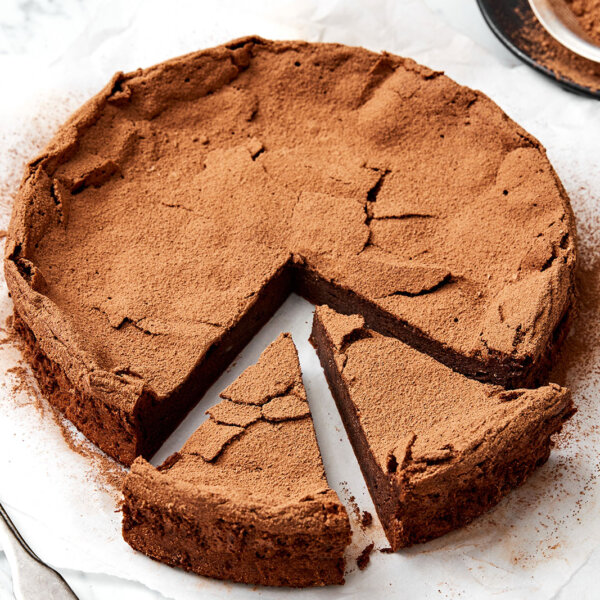 Sliced flourless chocolate cake.