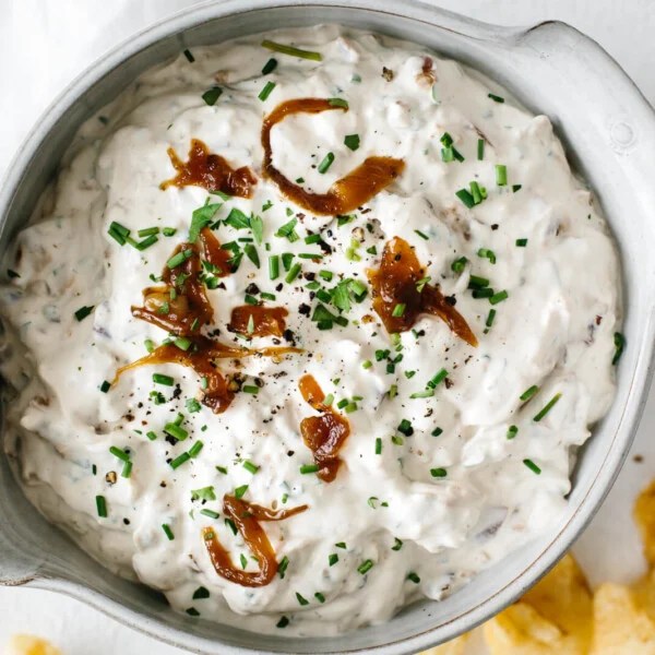 French onion dip in a bowl with chips