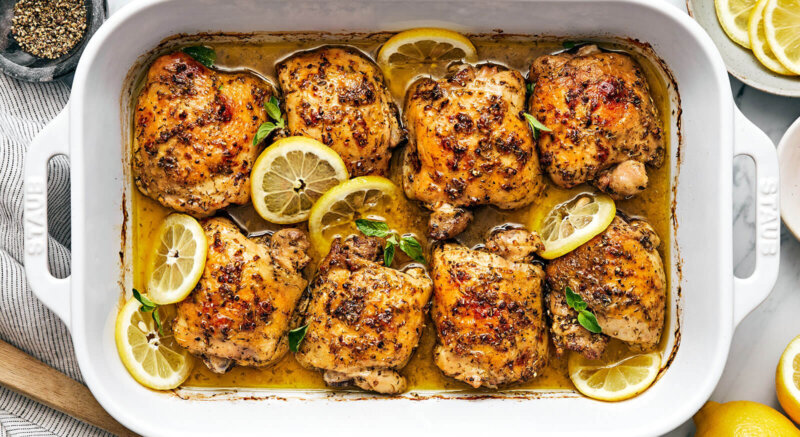 A baking dish with Greek lemon chicken