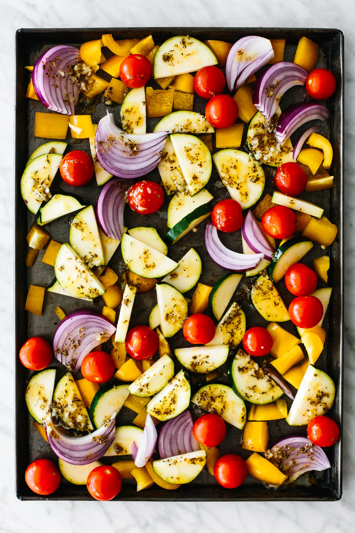 Mediterranean vegetables on a sheet pan.