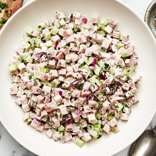Ham salad in a big white bowl