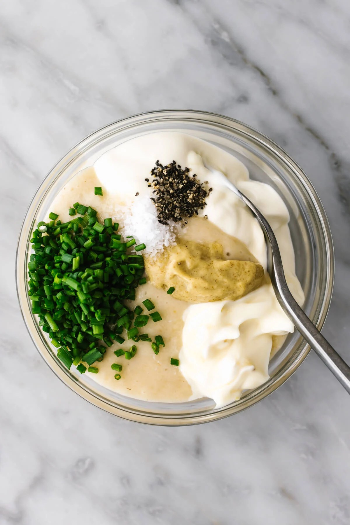 Ingredients for horseradish sauce in a bowl.