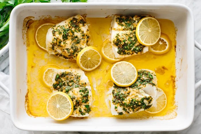 Baked cod in a baking dish.