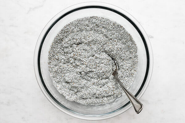 Chia pudding in a large glass bowl