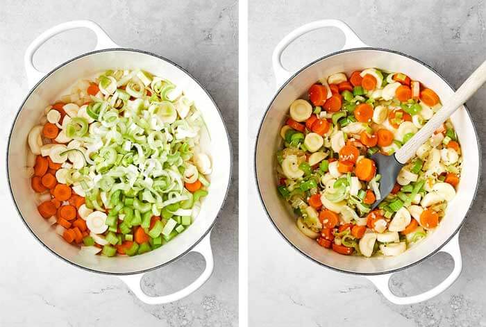 Cooking vegetables in a pot for chicken soup.