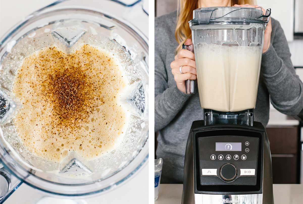 Blending eggnog in a blender.