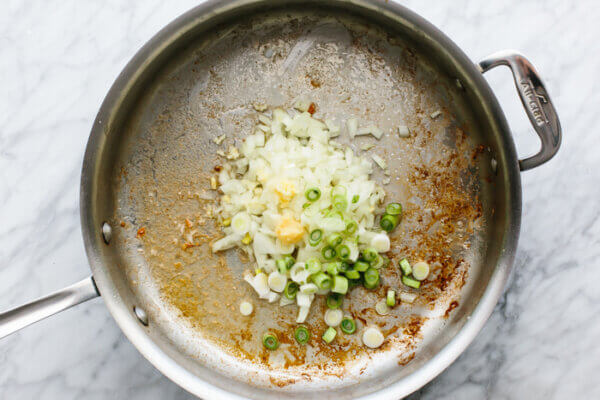 Aromatics in a pan for shrimp fried rice