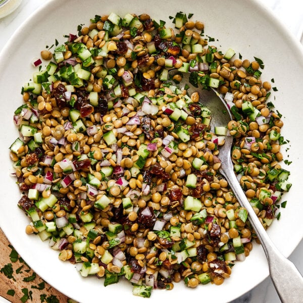 A big bowl of lentil salad.