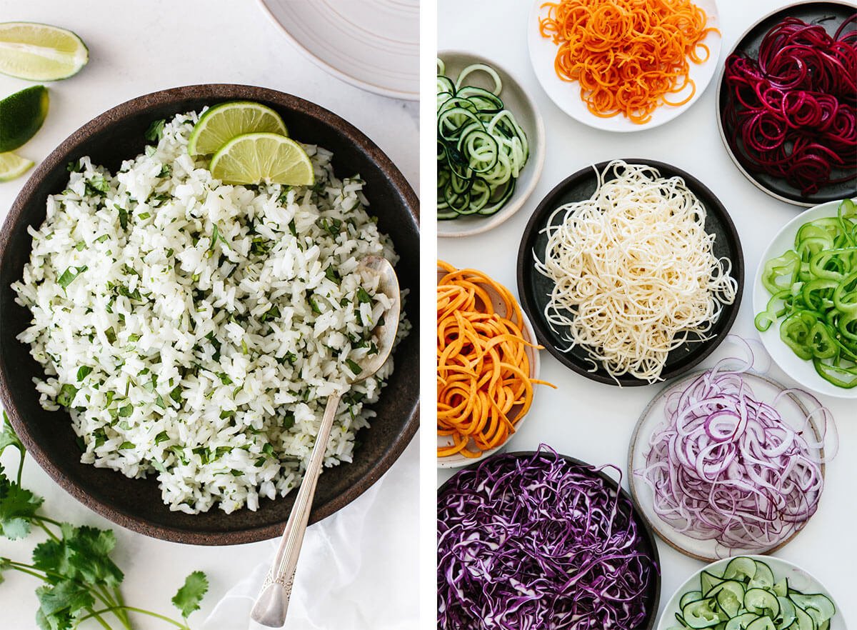 Ingredient meal prep recipes with rice and spiralized vegetables.