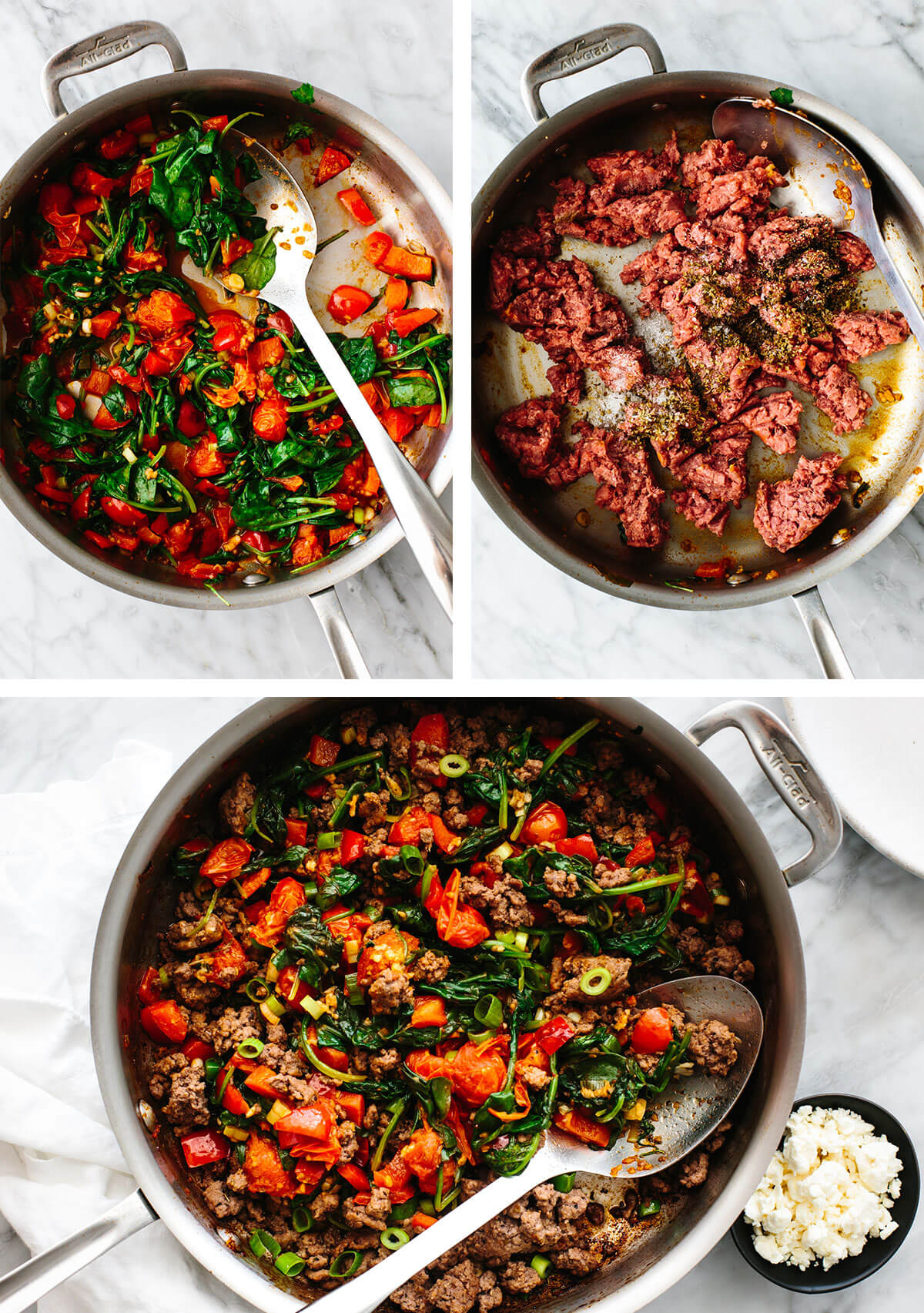 Cooking Mediterranean ground beef stir fry in a pan.