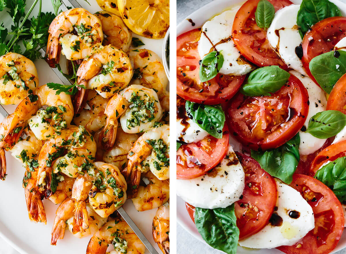 Mediterranean recipes with grilled shrimp and caprese salad.