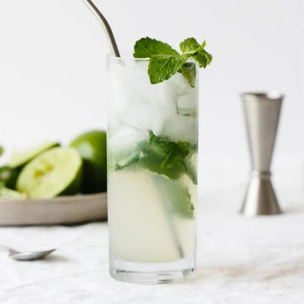 Mojito recipe in a glass with fresh mint.