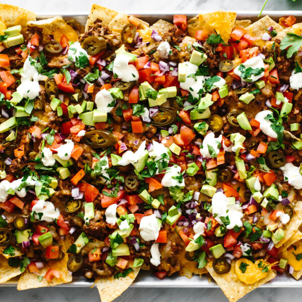 A metal sheet pan with the ultimate nachos