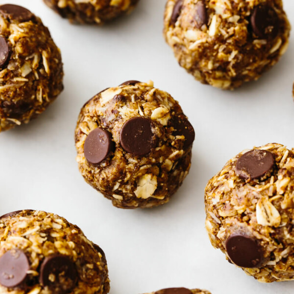 No bake chocolate chip energy balls on a table.