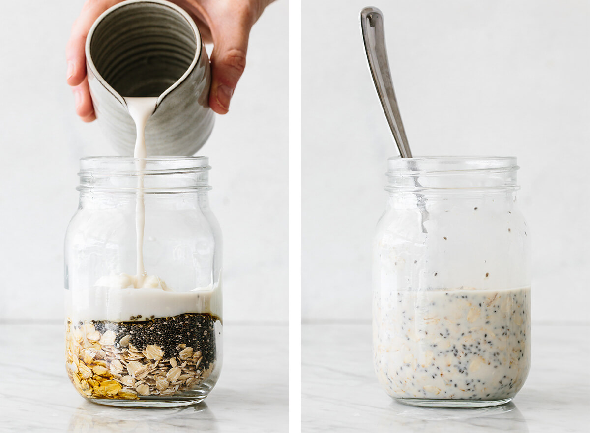 Mixing overnight oats ingredients in a jar.
