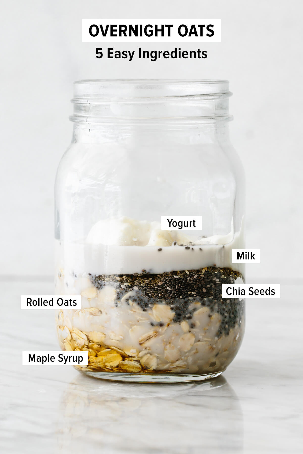 A jar with ingredients to make overnight oats.