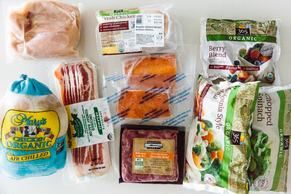 Freezer staples on a kitchen counter.