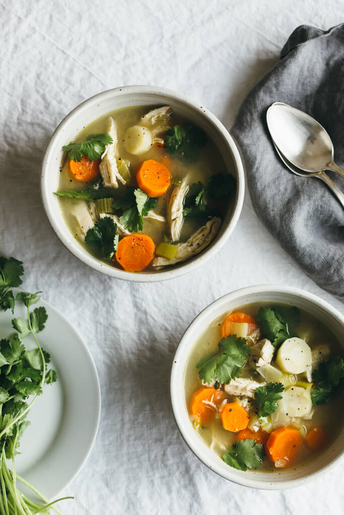 Poached chicken and winter vegetable soup. Gluten-free and paleo.