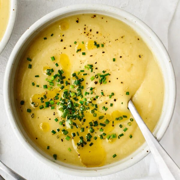 A bowl of potato leek soup