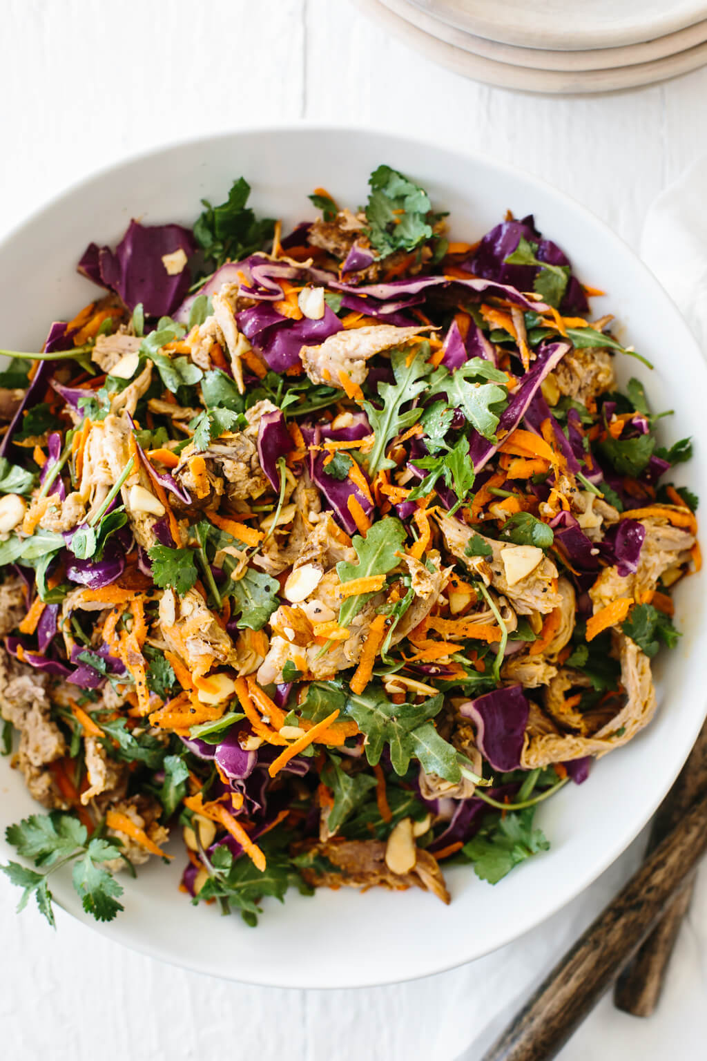 Pulled pork, cabbage and arugula salad with citrus lime vinaigrette. A hearty, flavorful and healthy salad recipe.