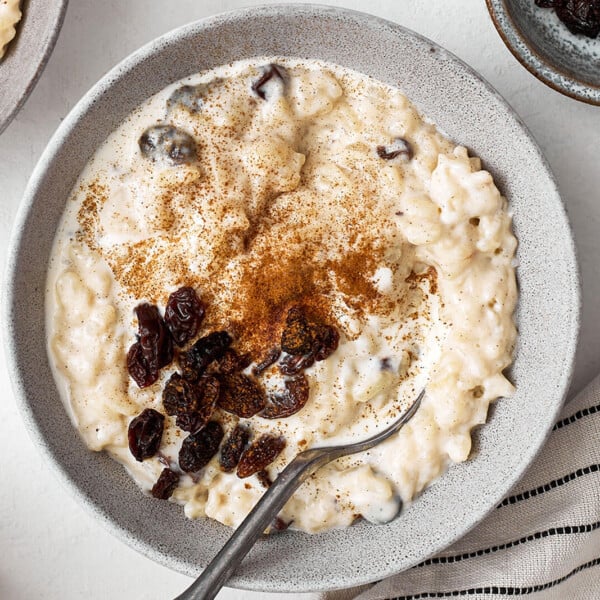 Rice pudding with raisins in a bowl