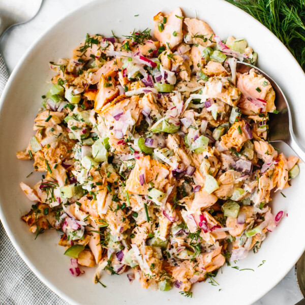 A big bowl of healthy salmon salad