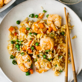 A plate of shrimp fried rice