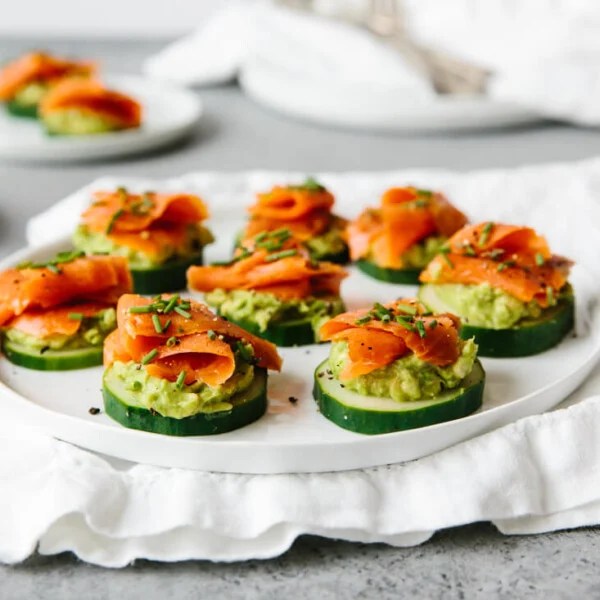 These smoked salmon, avocado and cucumber bites are the perfect healthy appetizer recipe.