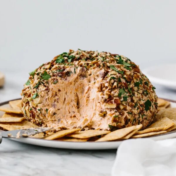 Salmon cheese ball rolled in pecans.