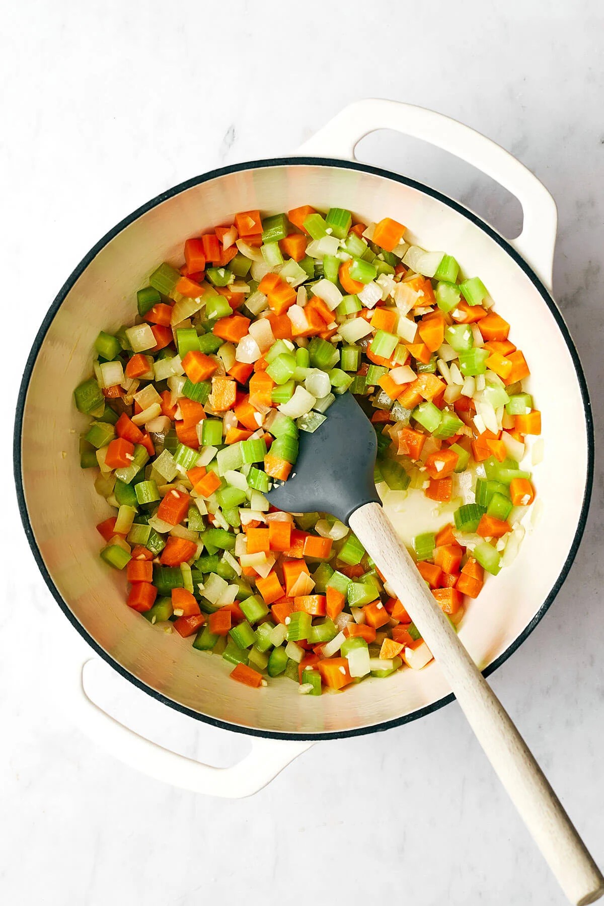 Cooking vegetables in a pot for split pea soup