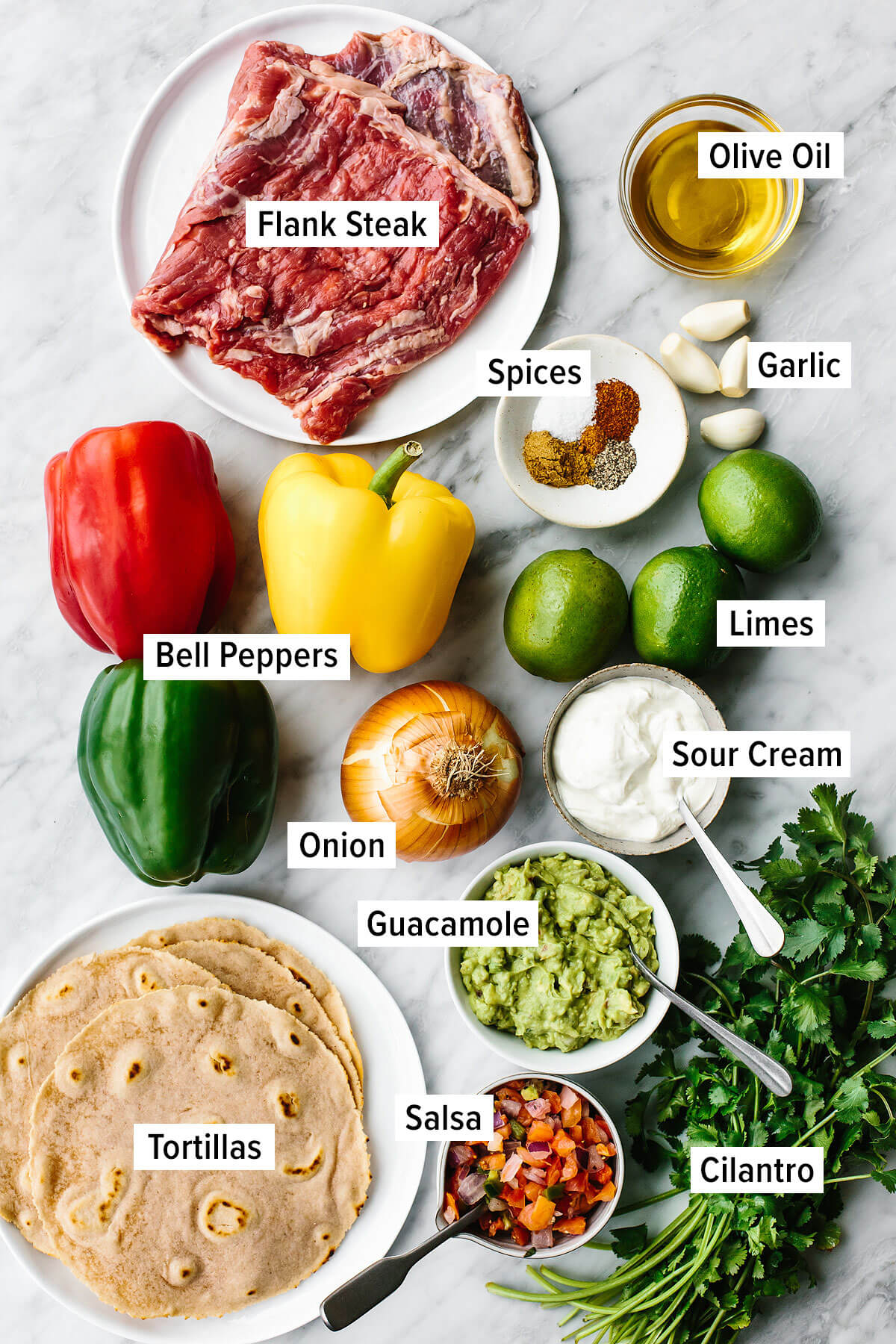 Ingredients for steak fajitas on a table